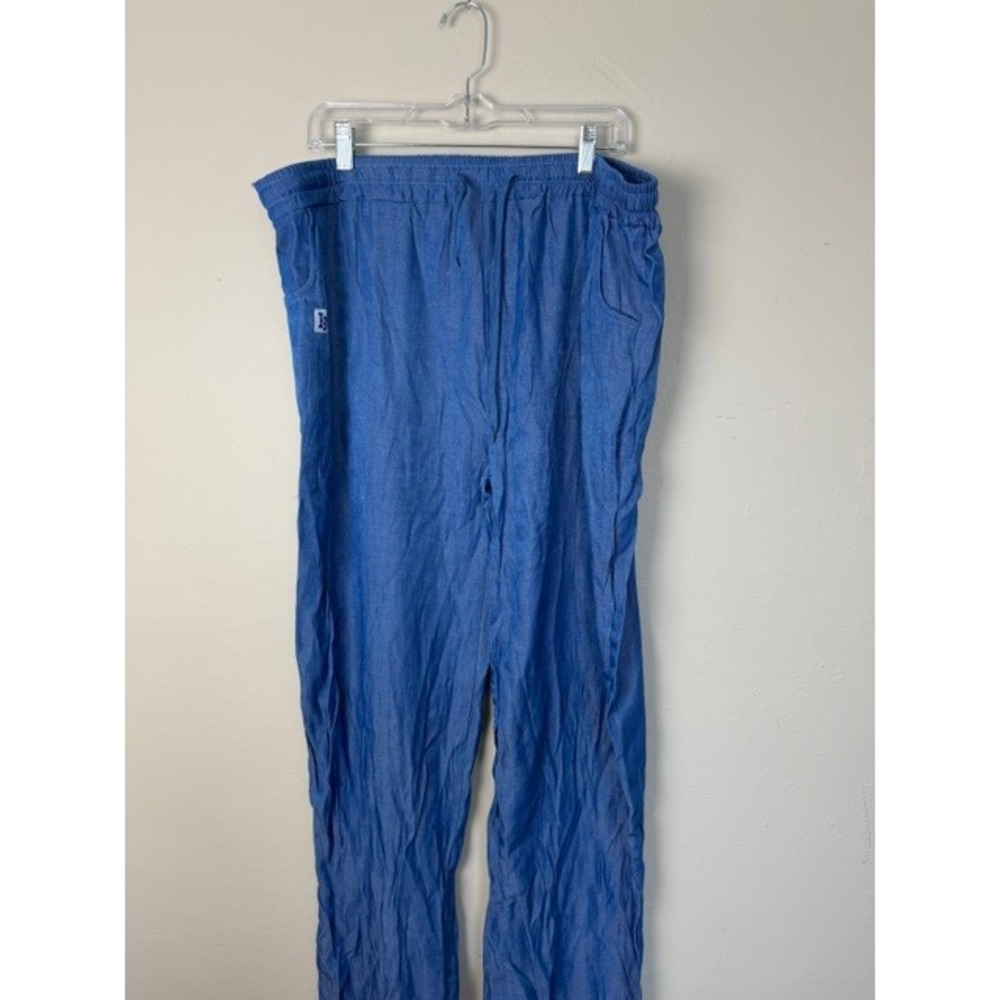 Blue Chambray Drawstring Lounge Pants Elastic Waist Wide Leg XL